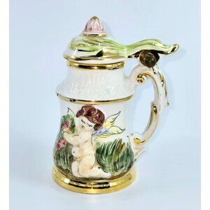 Vintage Capodimonte Ceramic Stein With Cherub Design & Gold Accents